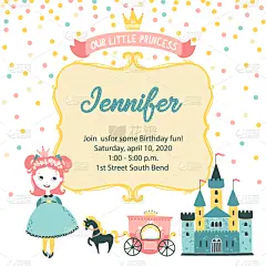 可爱的,请柬,贺卡,公主,女孩,城堡,生日,王冠,五彩纸屑