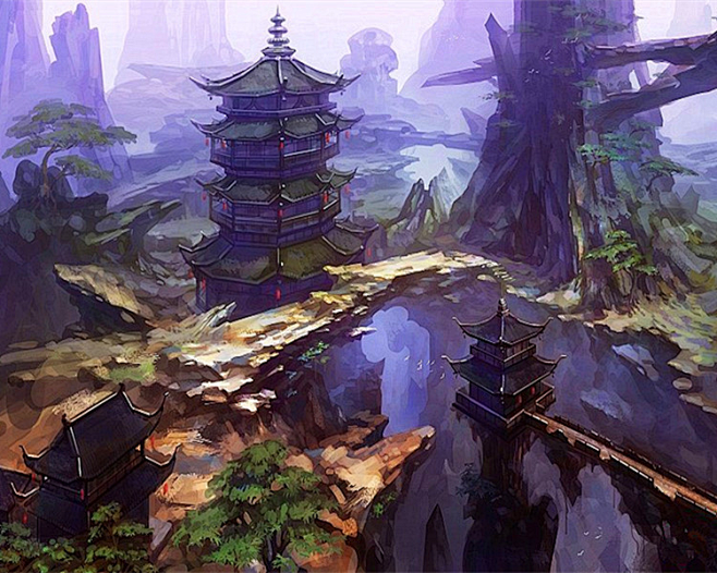 古风场景建筑背景风景插画画集素材 水彩画...