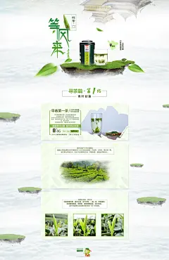 绿色自然 零食/进口食品/茶酒 茶叶类 绿茶 春茶 等风来 树叶 元素 悬浮山 绿茶 茶叶 清醒 峨眉 金顶 青叶甘露 竹叶青 四川 页面 淘宝 banner 海报 绿色背景 节气 雨水 云 天空 蓝天 草地 排版  艺福堂
