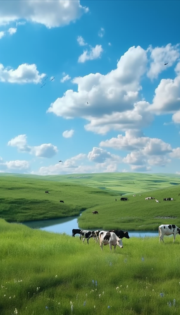 蓝天白云草原牧牛吃草奶牛动物摄影图片