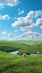 蓝天白云草原牧牛吃草奶牛动物摄影图片