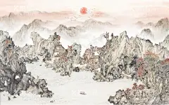 仿古青绿山水国画电视背景墙  - 源文件下载【酷图网】电视墙,背景墙,壁画,装饰画,海报,墙绘,墙壁,新中式,中式,中式风格,水墨画,水墨国画,山水画,风景画,山水,风景,水墨,仿古画,仿古山水,古代山水,意境,禅意,山峰,山脉,森林,江南,民居,古代民居,水纹,倒影,渔船,瀑布,流水,青山绿水,青绿山水,财源滚滚,风水画,古松,秋天,秋色,