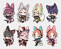 six cute anime cats with different outfits and hair styles, all wearing cat ears on their heads