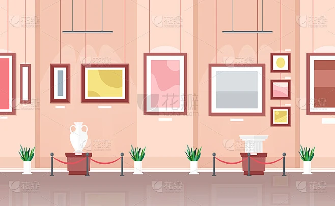 矢量插图的博物馆或美术馆展览室内在卡通平面风格。抽象艺术，墙壁上的彩画和大厅里的雕塑。艺术的概念。素材-花瓣网