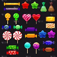 秀珀一套不同的糖果在黑色背景硬糖果糖衣杏仁下落果冻豆薄荷糖。矢量插图,