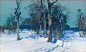 Stepan Kolesnikov，乌克兰画家，作品多数是颜色漂亮的场景，几块饱和度较高的暖色让雪地不再冰冷，树枝刻画得非常灵动，赋予雪景生命。