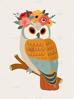 矢量插图可爱的卡通猫头鹰与花。时尚的绘画为生日贺卡，聚会邀请，海报和明信片。