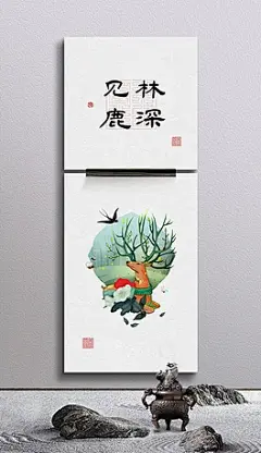 新中式手绘麋鹿发财客厅玄关民俗二联组合画