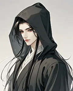 国风插画男子长发披肩垂直连帽长袍