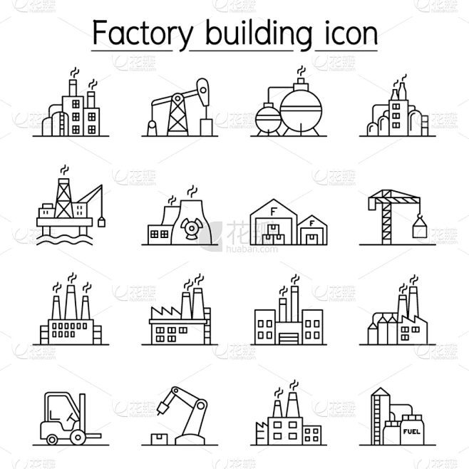 factory building icon set in thin line style素材-花瓣网