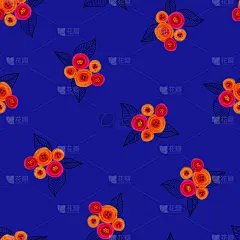蓝粉橙花无缝图案。明亮的手绘花在宝蓝色的背景。重复现代Ditsy时尚印花。用于纺织、时装、织物、墙纸