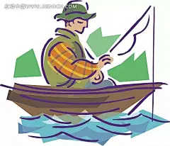 船上闭着眼睛钓鱼的男人卡通画闭着眼睛|插画|钓鱼|卡通画|蓝色水面|绿色帽子|木船|男人|生活百科|矢量素材|手绘|鱼竿