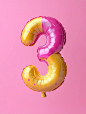 3D realistic number 3 balloon. Holiday illustrations render balloons on a clean background, with studio lighting, in a high-resolution photo, Yellow to magenta gradient with pink background, macaron color scheme, dreamy colors, with crazy details, fine de