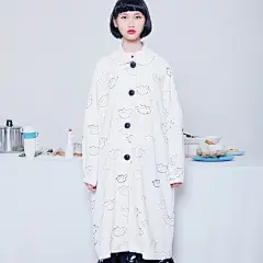 有耳uare手绘印花棉麻中长款蝙蝠袖娃娃领大风衣原创设计14秋冬