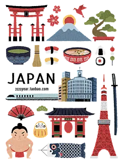 日本旅行旅游文化推广明信片邮票相扑樱花富士山海报设计元素eps矢量素材：