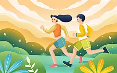 彩色卡通手绘扁平风秋季运动会男女跑步原创插画海报秋天运动会