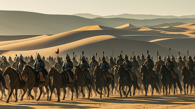 中国古代骑兵行军时候的场景，真人实拍，远景，背景是沙漠