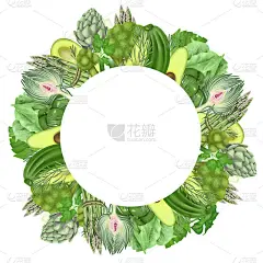 圆形框架的绿色蔬菜(鳄梨，辣椒，黄瓜，朝鲜蓟，花椰菜，卷心菜，芦笋)，手绘在白色的背景