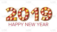 2019新年快乐向量。背景装饰。贺卡设计。2019灯号3d 电子发光数字。节日复古金色照明霓虹灯。灯