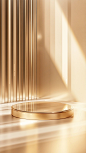 The background of the transparent glass podium is made in a light gold color, with an empty space on top for text and product display. The overall color scheme adopts soft tones to create a sense of luxury and elegance. It uses geometric shapes such as st