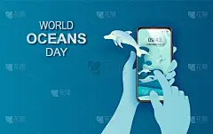 纸艺术和剪纸概念的世界海洋日。庆祝致力于帮助保护海洋和保护水生态系统。蓝色的海浪手工折纸。海豚用手在