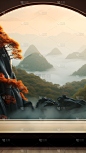 通用国风插画中式自然山场景背景