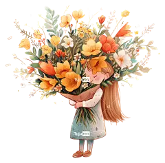 花束—身穿绿色连衣裙、鲜花的年轻女孩