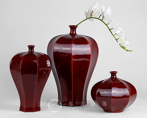 陶瓷花瓶 新中式家居饰品红色陶瓷鸿运花器...