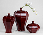 陶瓷花瓶 新中式家居饰品红色陶瓷鸿运花器三件套