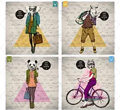 【A493】eps矢量时尚潮流动物时装秀手绘插画熊猫麋鹿狮子素材-淘宝网