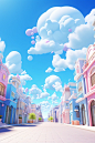 Blue sky and white clouds,vibrant street scenes,summer parties,candy color scheme,rounded buildings,soft and dreamy depictions,low angles,blind box toy models,pop matte style,bright colors,3D rendering,OC rendering, Blender,high-definition,movie quality