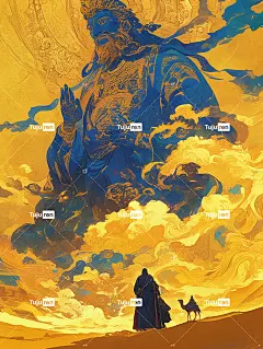 敦煌艺术风格插画，穿越沙漠的骆驼商队，敦煌建筑，背景是一尊巨