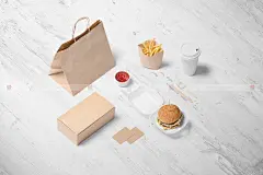 套餐饮食品快餐厅外卖汉堡店品牌VI智能贴图样机PSD素材模板