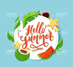 你好夏季框架  - 源文件下载【酷图网】树叶,海星,太阳镜,椰子,椰汁,西瓜,eps,ai,矢量,高清图片,素材,