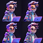 a character in glasses is holding up a laptop, grin，in the styleof interactive pieces,soft gradients，daz3d,animatedgifs,azure,charming illustrations,award-winning,--niji 5