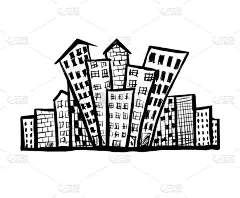 房子和建筑物卡通图标矢量插图，家用手绘的黑色和白色，素描肖像轮廓