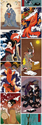 PSD日本和风浮世绘侍女插画海报装饰画素材库和服日式纹理 H969