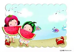 在海边吃西瓜的卡通儿童插画设计   [PSD]PSD|PSD分层素材|ps鼠绘|背景|插画|吃西瓜的小女孩们|儿童|儿童节|帆|海边|海鸥|节日|卡通|卡通人物|可爱|快乐|六一|漫画|漫画人物|梦|梦幻|人物|沙滩|手绘|童话|童年|童真|玩耍|小孩|小女孩