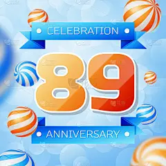 现实的89周年庆典设计横幅。金色数字和蓝丝带，蓝色背景上的气球。彩色矢量模板元素为您的生日派对