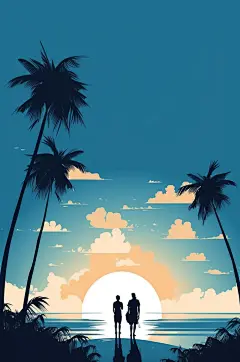 AI数字艺术晴朗天空扁平风夏季海边插画