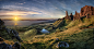 General 2500x1321 nature landscape Old Man of Storr Skye island Scotland grass sea mountains sun rays sunlight water pond rock