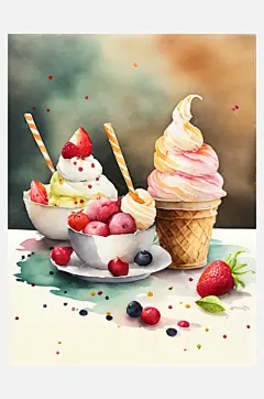 AI数字艺术美食甜品冰淇淋甜筒水彩插画-众图网