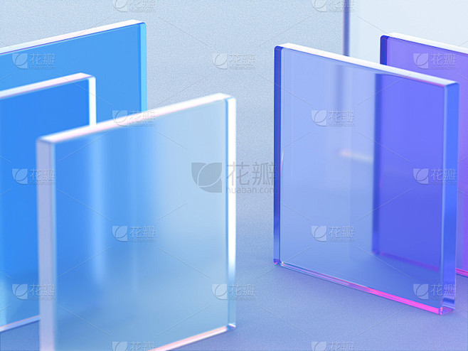 3D渲染透明立方体图形与蓝色在一个浅色背...