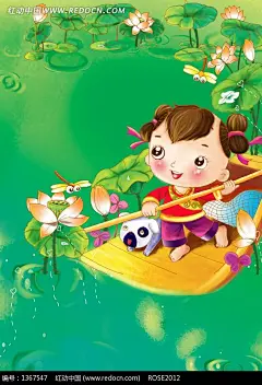 荷花池船只里的小孩和小狗插画