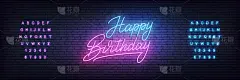 生日快乐霓虹模板。发光的霓虹灯字生日标志。