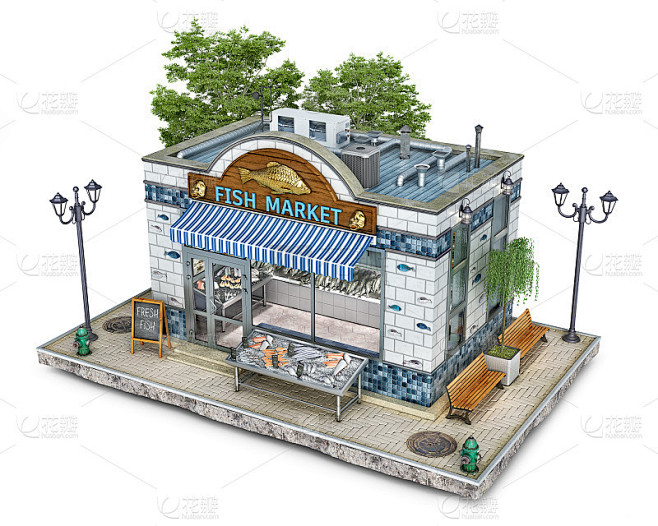 蓝色和白色色调的小鱼市场建筑，3d插图