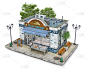 蓝色和白色色调的小鱼市场建筑，3d插图