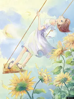 女孩 水彩 唯美 向日葵 蓝天白云 荡秋千 休闲生活人物插画插画绘画