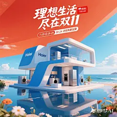 jimeng-2025-06-26-2661-使用 C4D 进行 3D 建模渲染，制作一张海尔电器品牌京东电商促销海报。构建一
