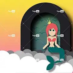 矢量图 平面设计 日落 日出 云 水 美人鱼 幻想 简单的
